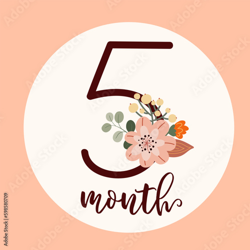 Boho baby first year Milestone cards with flowers. Today I am five month old. Flat vector digit 5 with a botanical bouquet. Cute cartoon floral nursery print. Hand-drawn number for kids Generative AI