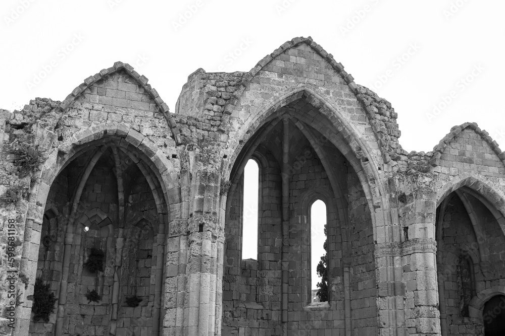 Black and white Church of saint Marie du Bourg ruins, a famous landmark in Rhodes city, Old Town