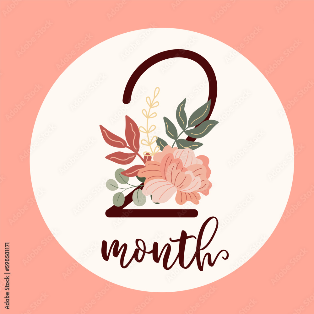 Boho baby first year Milestone cards with flowers. Today I am two month old. Flat vector digit 2 with a botanical bouquet. Cute cartoon floral nursery print. Hand-drawn number for kids Generative AI
