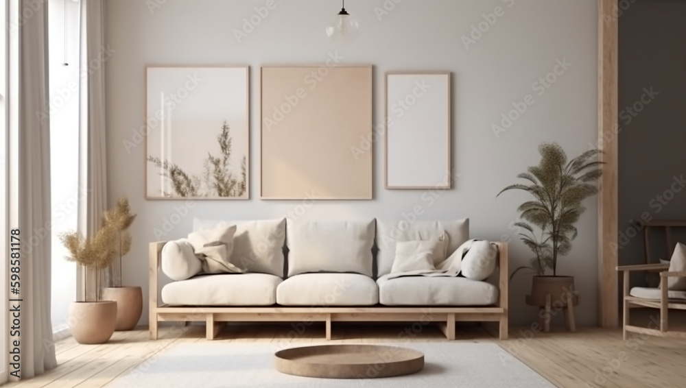 modern minimalist living room style. interior in light colours. generative AI