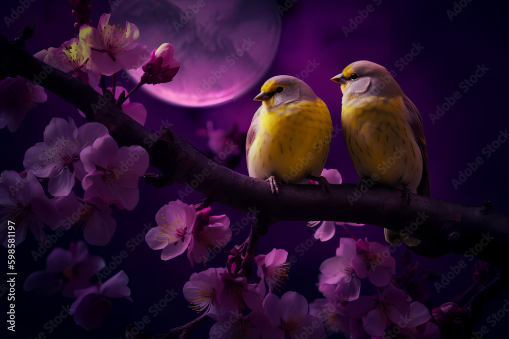 A beautiful pair of canaries on a tree branch with violet flowers in the moonlight