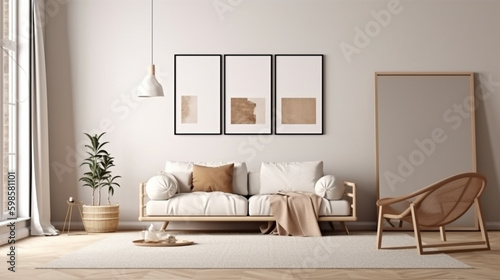 modern minimalist living room style. interior in light colours. generative AI