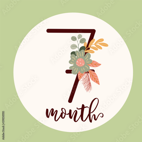 Boho baby first year Milestone cards with flowers. Today I am seven month old. Flat vector digit 7 with a botanical bouquet. Cute cartoon floral nursery print. Hand-drawn number for kids Generative AI