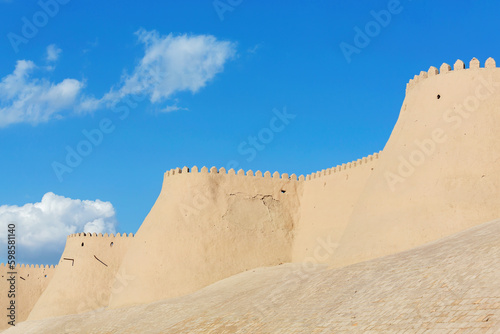 Kunya Ark, the old fortress around Ichan Kala ancient town in Khiva (Xiva), Uzbekistan. Sunny day, copy space