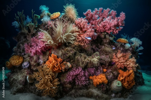 Land flowers amidst coral reef and sea. Generative AI © Fallon