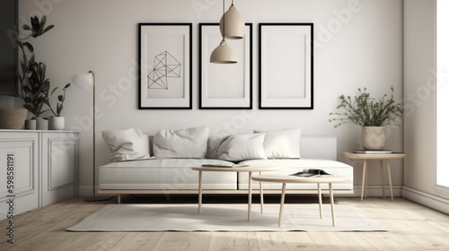 modern minimalist living room style. interior in light colours. generative AI