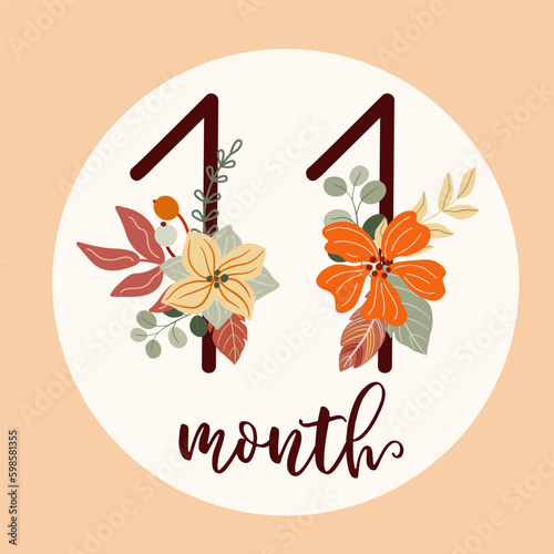 Boho baby first year Milestone cards with flowers. Today I am eleven month old. Flat vector digit 11 with a botanical bouquet. Cute cartoon floral nursery print. Hand-drawn number for Generative AI