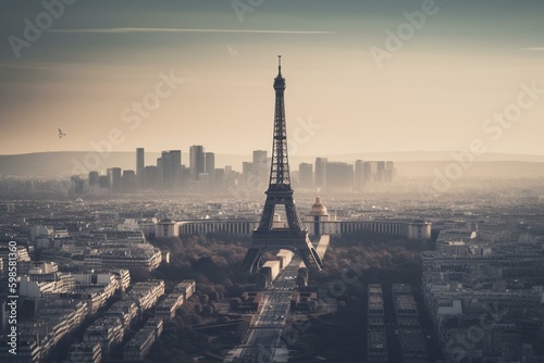 Parisian landmark towering above the city skyline. Generative AI © Adair