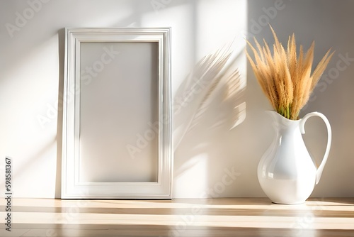 Blank room white vase with dried grass, vertical photo frame, soft beautiful dappled sunlight, leaf shadow on white wall