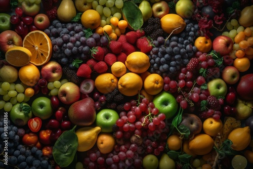 Seamless tiled fruit and vegetable background texture. Generative AI