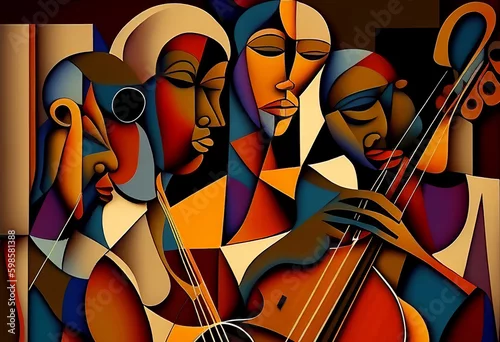 Obraz Afro-American female and male classical musician orchestra playing a cello in an abstract cubist style painting for a music poster or flyer, computer Generative AI stock illustration image