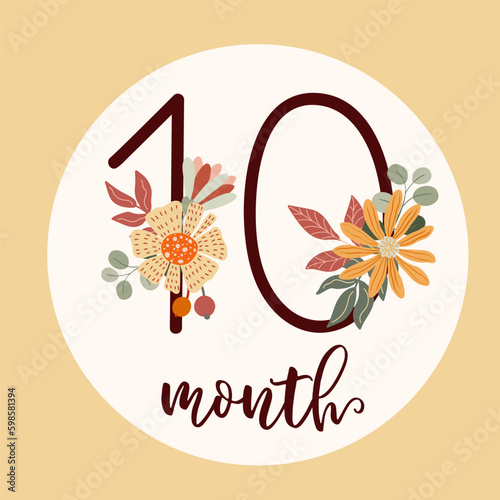 Boho baby first year Milestone cards with flowers. Today I am ten month old. Flat vector digit 10 with a botanical bouquet. Cute cartoon floral nursery print. Hand-drawn number for kids Generative AI