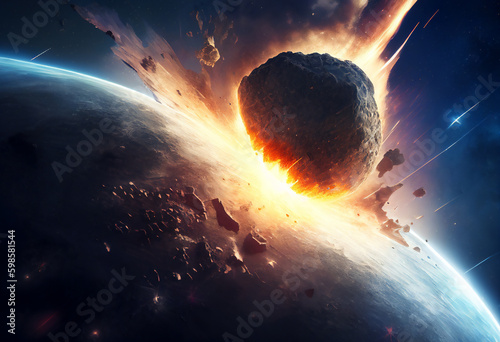 A huge asteroid comet in collision with the planet Earth bringing about extinction and annihilation and in a catastrophic cosmic event for our world, computer Generative AI stock illustration
