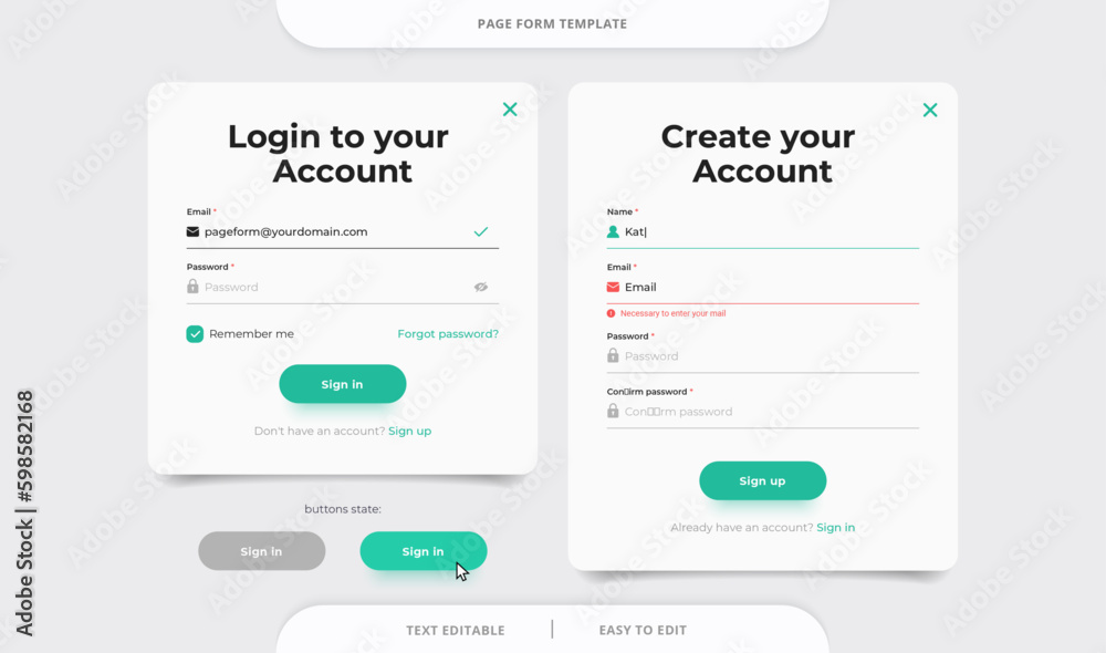 Set of Sign Up and Sign In forms. Registration and login forms page. Website or App account connexion page with email, and password. Modern web design mockup vector