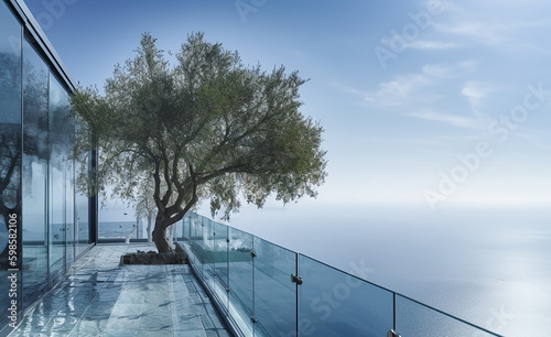 Modern villa with olive tree on a glass balcony and sea view
