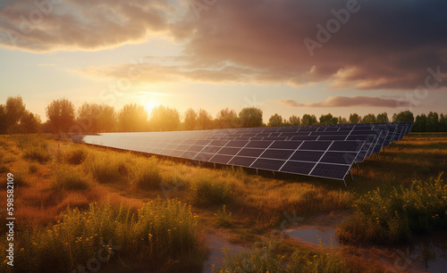 Solar panels on a solar farm in Europe at sunset
