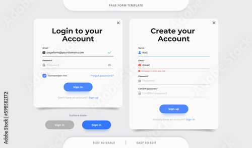 Set of Sign Up and Sign In forms. Registration and login forms page. Website or App account connexion page with email, and password. Modern web design mockup vector