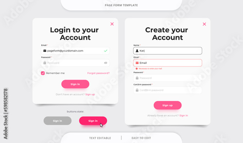 Set of Sign Up and Sign In forms. Registration and login forms page. Website or App account connexion page with email, and password.