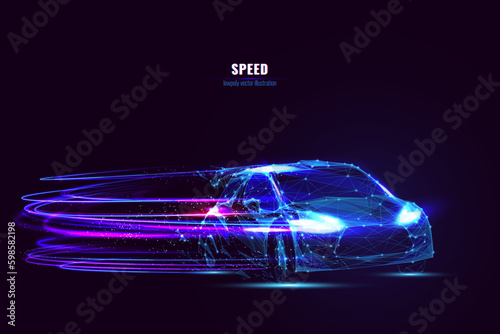 Futuristic rally car in motion with neon fast lines and particles. Technological concept of high speed and energy. Abstract digital sport car consists of low polygons, connected dots and blue lines.