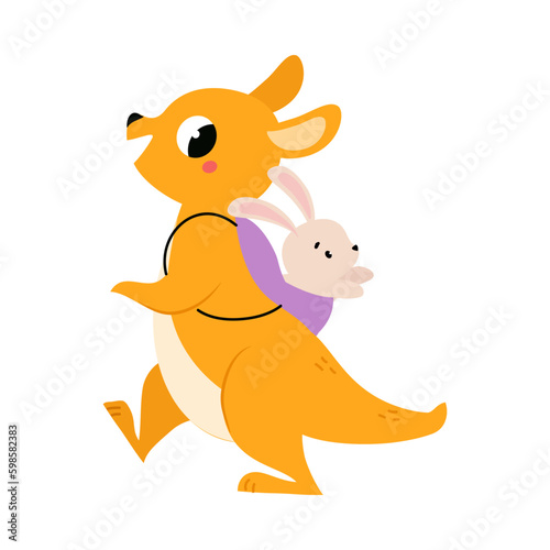 Cute Baby Kangaroo or Joey Character as Marsupial Mammal Walking with Backpack Vector Illustration © topvectors