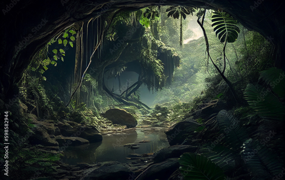 A Mysterious Cave Nestled Within the Forest Embrace, Stillness of the Woods, the Trees and Plants Offering a Passage to the Realm and the Enigmas of  the Jungle
