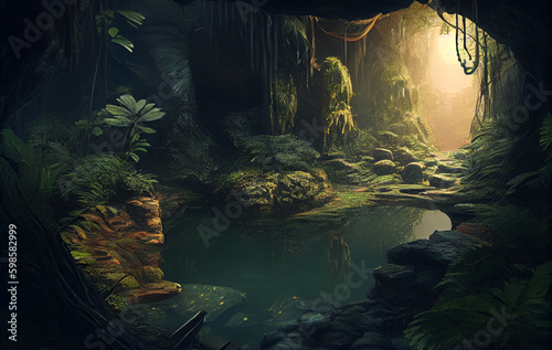 A Mysterious Cave Nestled Within the Forest Embrace  Stillness of the Woods  the Trees and Plants Offering a Passage to the Realm and the Enigmas of  the Jungle 