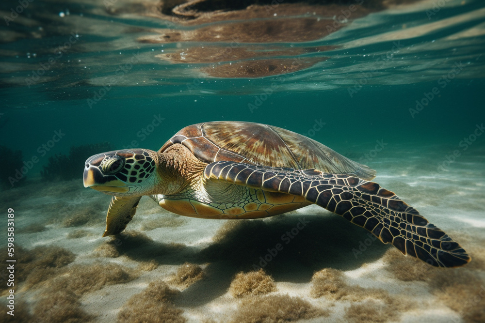 Obraz premium Turtle swimming underwater generative AI