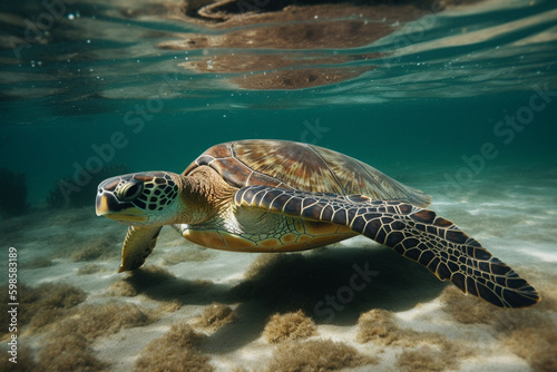 Turtle swimming underwater generative AI © AlexandraDaryl