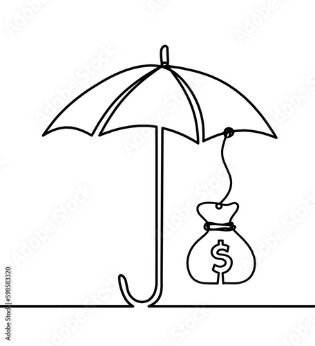Abstract umbrella with dollar as line drawing on white background