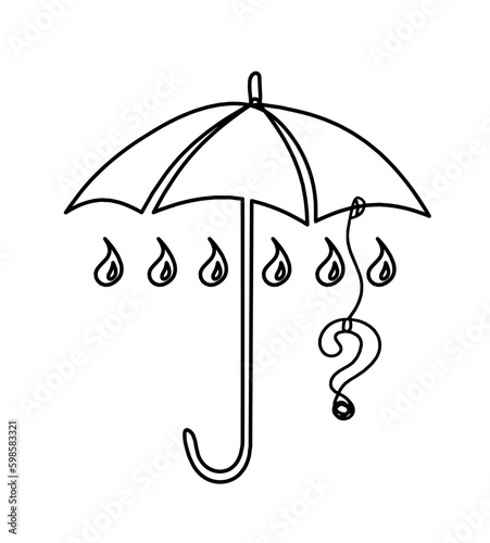 Abstract umbrella with question mark as line drawing on white background