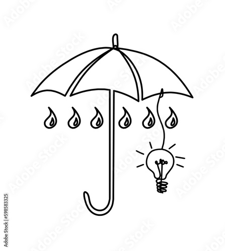Abstract umbrella with light bulb as line drawing on white background
