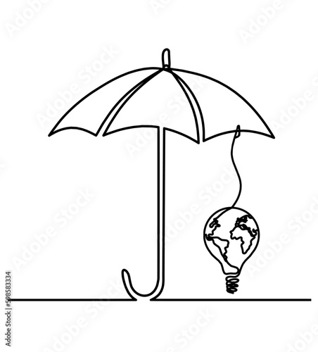Abstract umbrella with light bulb as line drawing on white background