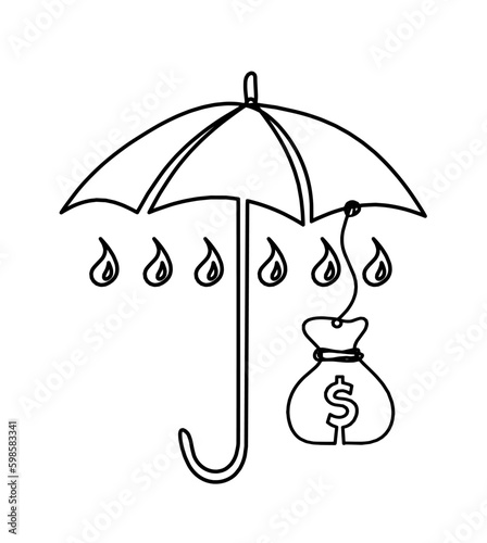 Abstract umbrella with dollar as line drawing on white background