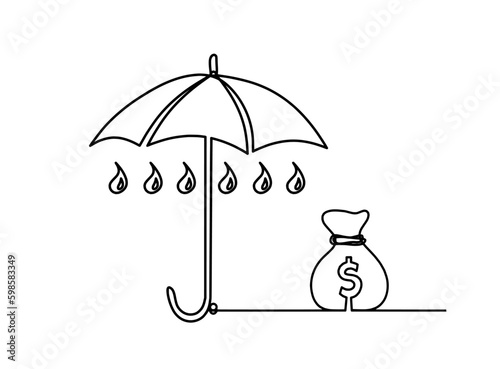 Abstract umbrella with dollar as line drawing on white background