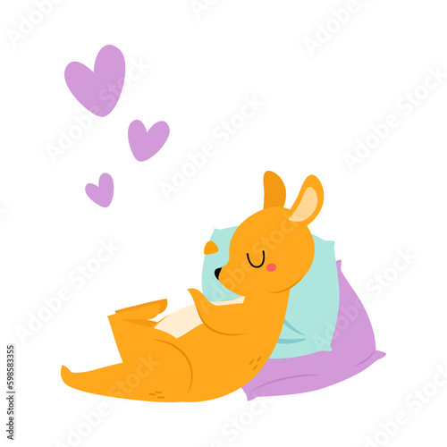 Cute Baby Kangaroo or Joey Character as Marsupial Mammal Sleeping and Dreaming on Soft Pillow Vector Illustration