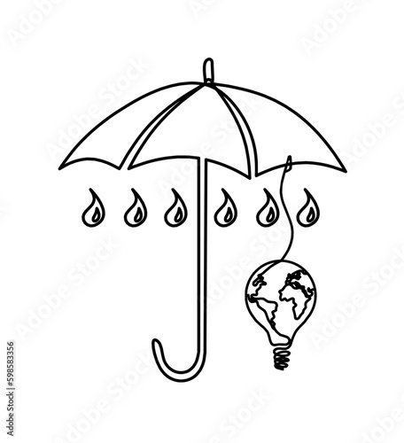 Abstract umbrella with light bulb as line drawing on white background