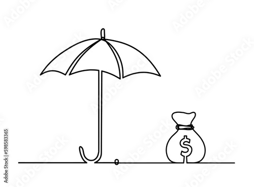Abstract umbrella with dollar as line drawing on white background
