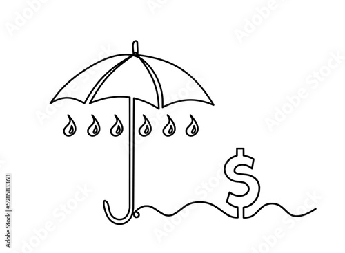 Abstract umbrella with dollar as line drawing on white background