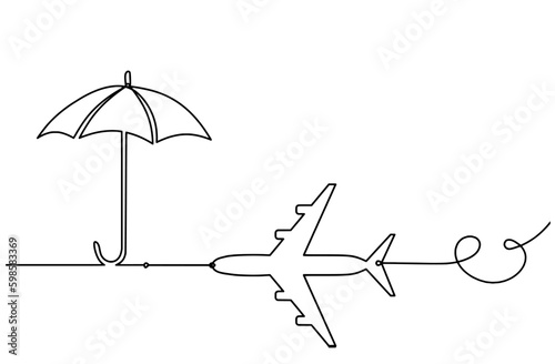 Abstract umbrella with plane as line drawing on white background