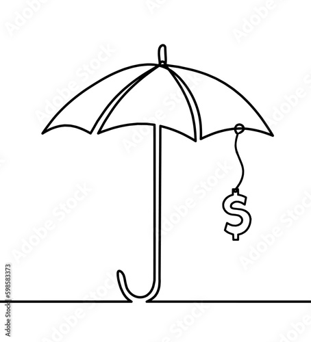 Abstract umbrella with dollar as line drawing on white background
