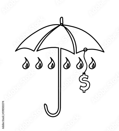 Abstract umbrella with dollar as line drawing on white background