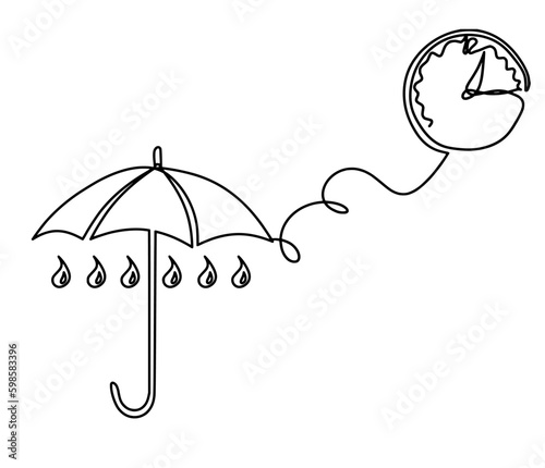 Abstract umbrella with clock as line drawing on white background
