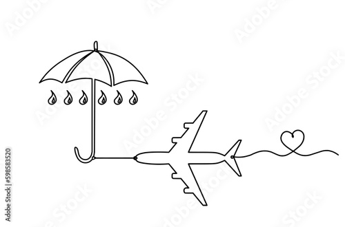 Abstract umbrella with plane as line drawing on white background