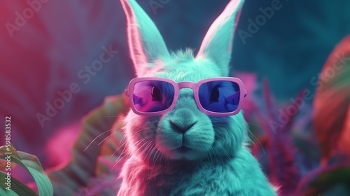Fashion bunny wearing sunglasses on tropical background. Elegant style background. Rabbit costume. Trendy style. Happy easter.