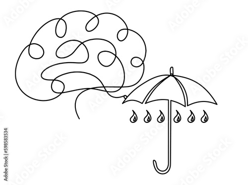 Abstract umbrella with brain as line drawing on white background