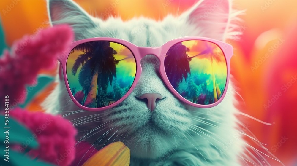 Beautiful fashion cat wearing sunglasses, great design for any purposes. Modern cat design. Happy holiday. Animal concept. Trendy modern style. Vacation concept. Happy beautiful background.