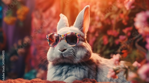 Fashion bunny wearing sunglasses on tropical background. Elegant style background. Rabbit costume. Trendy style. Happy easter.