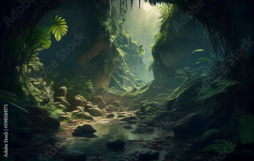 A Mysterious Cave Nestled Within the Forest Embrace  Stillness of the Woods  the Trees and Plants Offering a Passage to the Realm and the Enigmas of  the Jungle