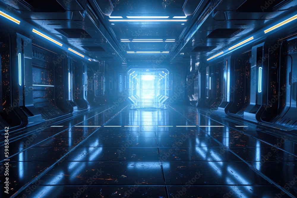 Futuristic sci-fi background wall tunnel with glowing neon blue lighting effects Generative AI Illustration