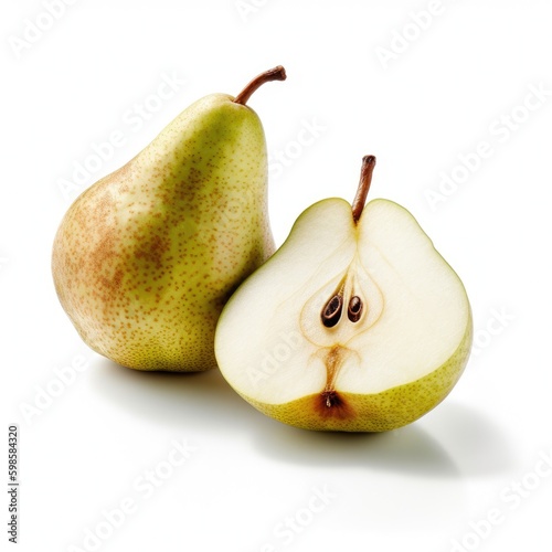Fresh organic ripe raw pear and a pear cut in half and a green leaf on white background Generative AI Illustration